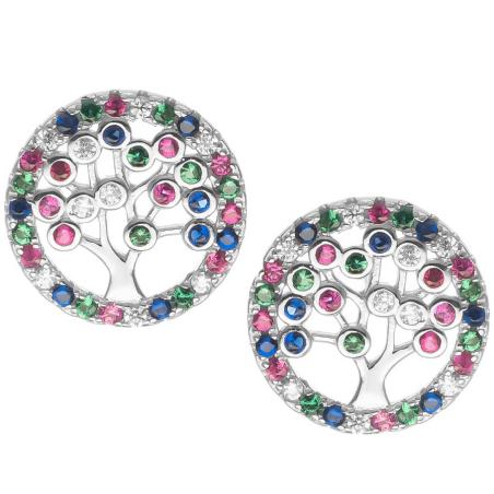 Stříbrné náušnice - strom života, barevné kulaté zirkony | Argento.cz