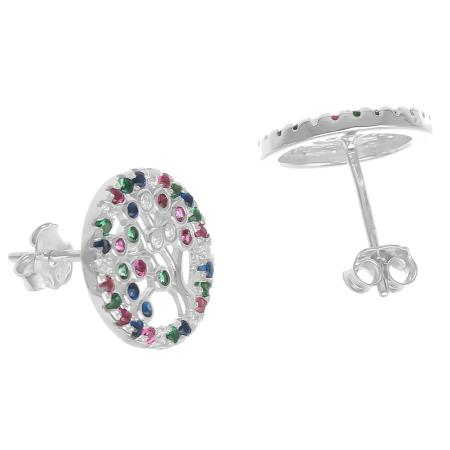 Stříbrné náušnice - strom života, barevné kulaté zirkony | Argento.cz