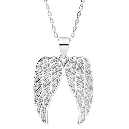 Stříbrný náhrdelník - andělské křídlo, čiré kulaté zirkony, délka 43 až 46 cm | Argento.cz