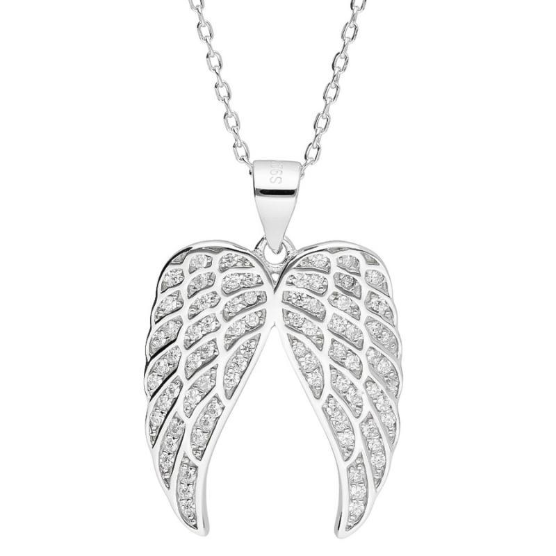 Stříbrný náhrdelník - andělské křídlo, čiré kulaté zirkony, délka 43 až 46 cm | Argento.cz