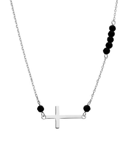 Stříbrný náhrdelník - křížek, černé zirkony ve tvaru kuličky, délka 44 až 47 cm | Argento.cz