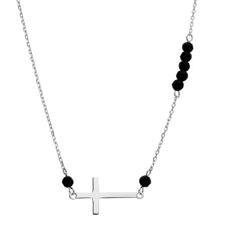 Stříbrný náhrdelník - křížek, černé zirkony ve tvaru kuličky, délka 44 až 47 cm | Argento.cz