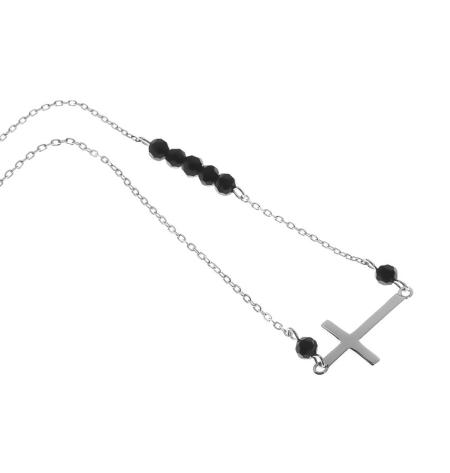 Stříbrný náhrdelník - křížek, černé zirkony ve tvaru kuličky, délka 44 až 47 cm | Argento.cz