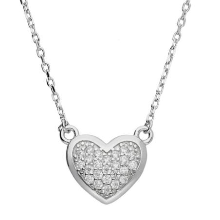 Stříbrný náhrdelník - srdíčko, čiré kulaté zirkony, délka 43 až 46 cm | Argento.cz