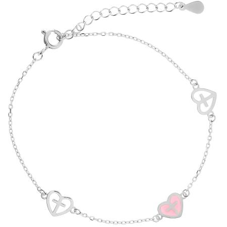 Stříbrný náramek - srdíčka, křížky, vzor Rolo, glazura, délka 16 až 19 cm | Argento.cz