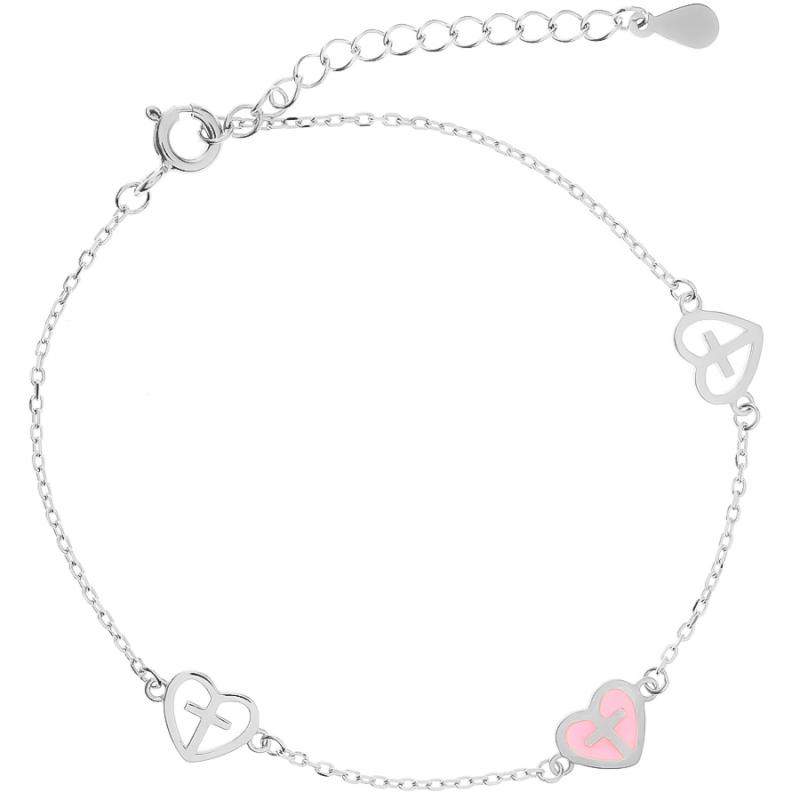 Stříbrný náramek - srdíčka, křížky, vzor Rolo, glazura, délka 16 až 19 cm | Argento.cz