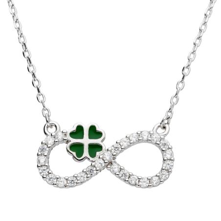 Stříbrný náhrdelník - čtyřlístek, nekonečno, zelená glazura, čiré kulaté zirkony, délka 43 až 46 cm | Argento.cz