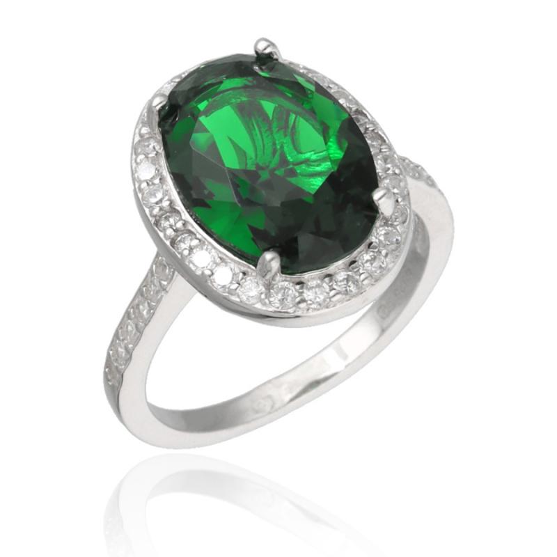 Stříbrný prsten - zelený oválný zirkon, čiré kulaté zirkony | Argento.cz