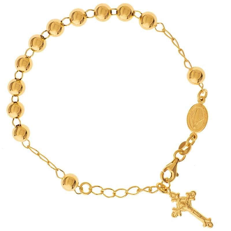 Pozlacený stříbrný náramek růženec - 1 desítek, křížek s Ježíšem, Zázračná medailka, délka 17 až 20 cm | Argento.cz