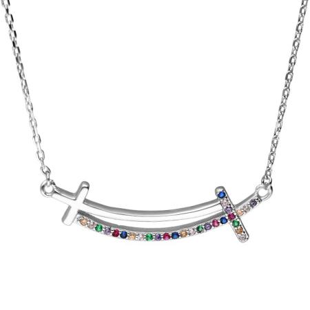 Stříbrný náhrdelník - křížek, barevné kulaté zirkony, délka 42 až 45 cm | Argento.cz