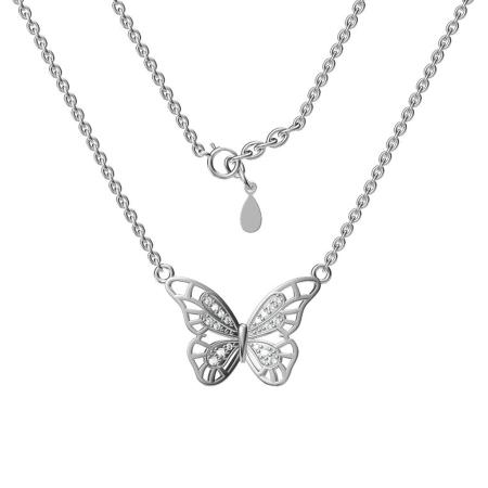 Stříbrný náhrdelník - motýl, čiré kulaté zirkony, délka 43 až 46 cm | Argento.cz