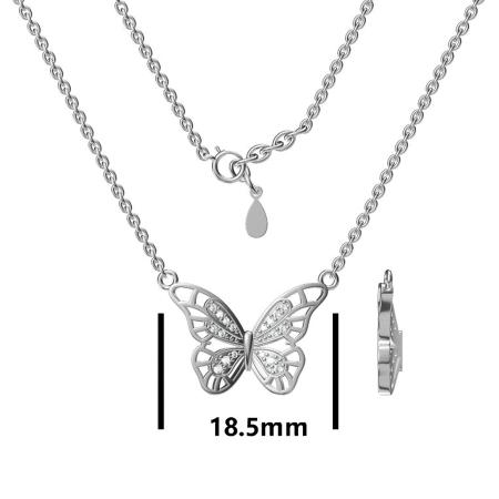 Stříbrný náhrdelník - motýl, čiré kulaté zirkony, délka 43 až 46 cm | Argento.cz