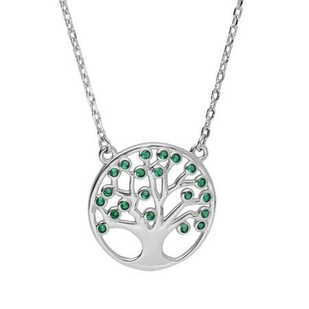 Stříbrný náhrdelník - strom života, zelené kulaté zirkony, délka 43 až 46 cm | Argento.cz