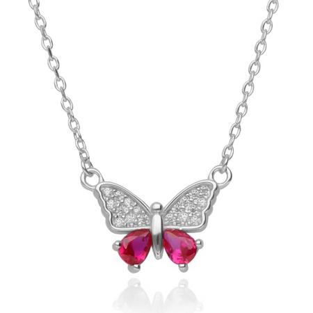Stříbrný náhrdelník - motýl, tmavě růžové zirkony ve tvaru slzy, čiré kulaté zirkony, délka 43 až 46 cm | Argento.cz