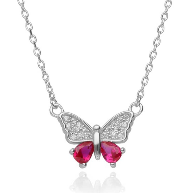 Stříbrný náhrdelník - motýl, tmavě růžové zirkony ve tvaru slzy, čiré kulaté zirkony, délka 43 až 46 cm | Argento.cz