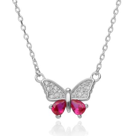 Stříbrný náhrdelník - motýl, tmavě růžové zirkony ve tvaru slzy, čiré kulaté zirkony, délka 43 až 46 cm | Argento.cz