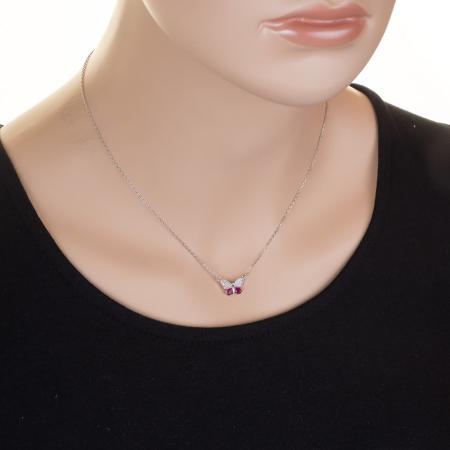 Stříbrný náhrdelník - motýl, tmavě růžové zirkony ve tvaru slzy, čiré kulaté zirkony, délka 43 až 46 cm | Argento.cz