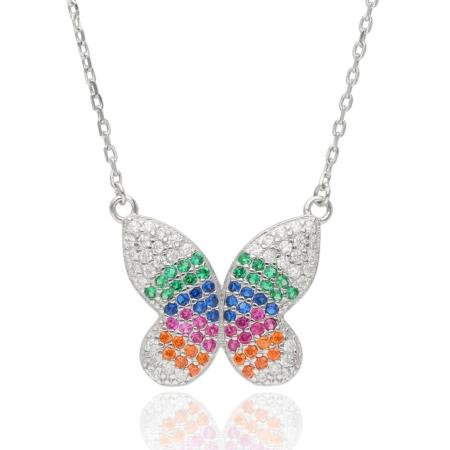 Stříbrný náhrdelník - motýl, barevné kulaté zirkony, délka 43 až 46 cm | Argento.cz