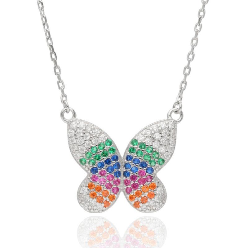 Stříbrný náhrdelník - motýl, barevné kulaté zirkony, délka 43 až 46 cm | Argento.cz
