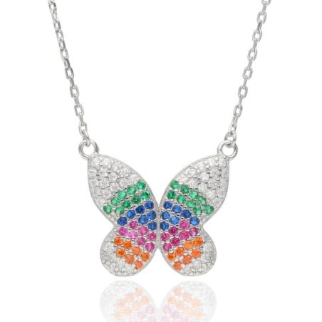 Stříbrný náhrdelník - motýl, barevné kulaté zirkony, délka 43 až 46 cm | Argento.cz