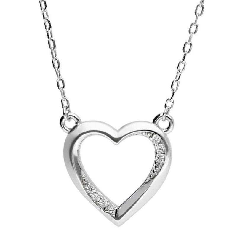 Stříbrný náhrdelník - srdíčko, čiré kulaté zirkony, délka 43 až 46 cm | Argento.cz