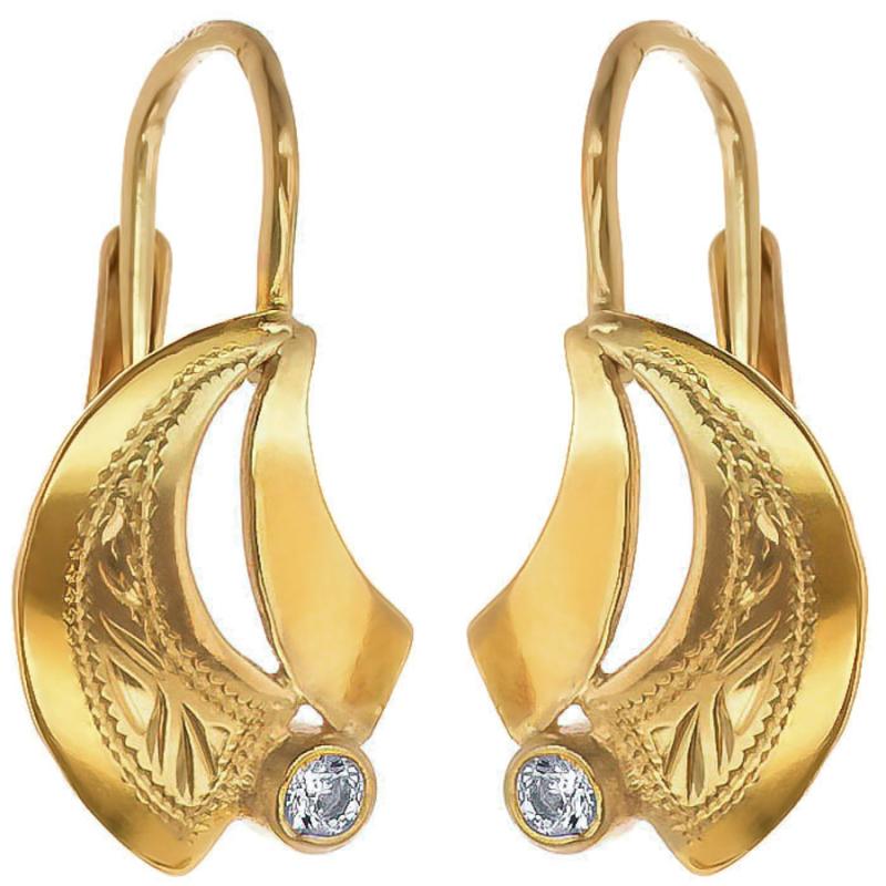 Pozlacené stříbrné náušnice - s ručním gravírem, čirý kulatý zirkon | Argento.cz