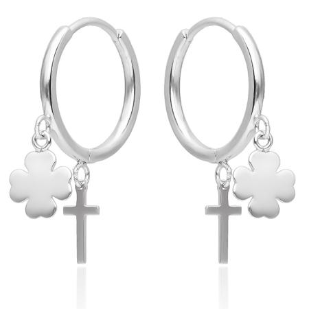 Stříbrné náušnice kruhy - čtyřlístek, křížek | Argento.cz