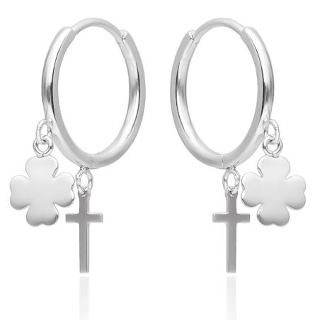Stříbrné náušnice kruhy - čtyřlístek, křížek | Argento.cz