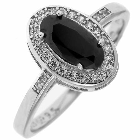 Stříbrný prsten - černý oválný zirkon, čiré kulaté zirkony | Argento.cz