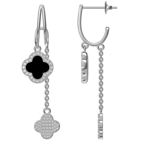 Stříbrné náušnice s řetízkem - čtyřlístek, syntetický kámen černý onyx | Argento.cz
