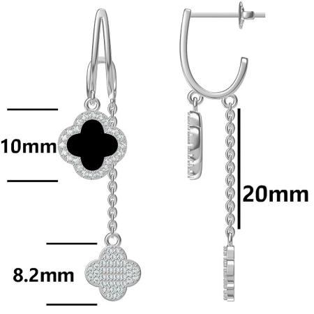 Stříbrné náušnice s řetízkem - čtyřlístek, syntetický kámen černý onyx | Argento.cz