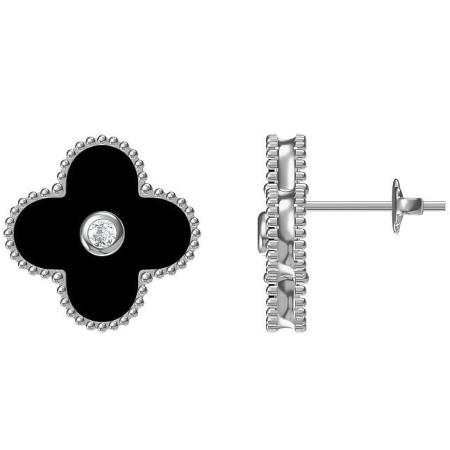 Stříbrné náušnice - čtyřlístek, syntetický kámen černý onyx | Argento.cz