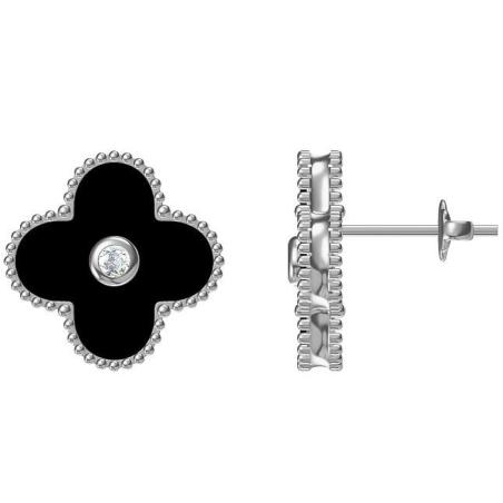 Stříbrné náušnice - čtyřlístek, syntetický kámen černý onyx | Argento.cz