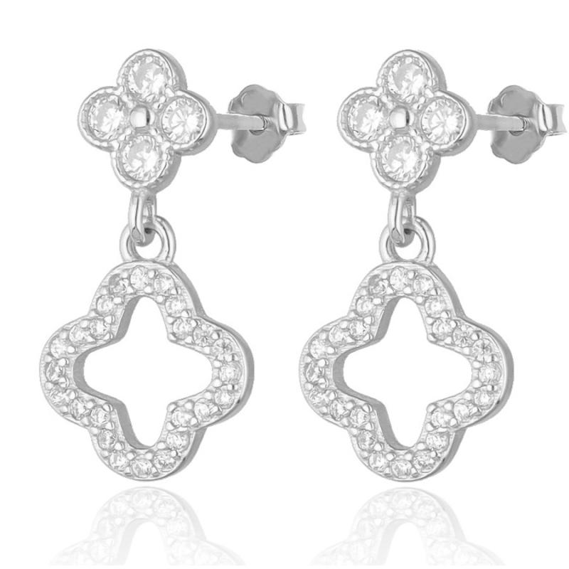 Stříbrné náušnice - čtyřlístek, čiré kulaté zirkony | Argento.cz