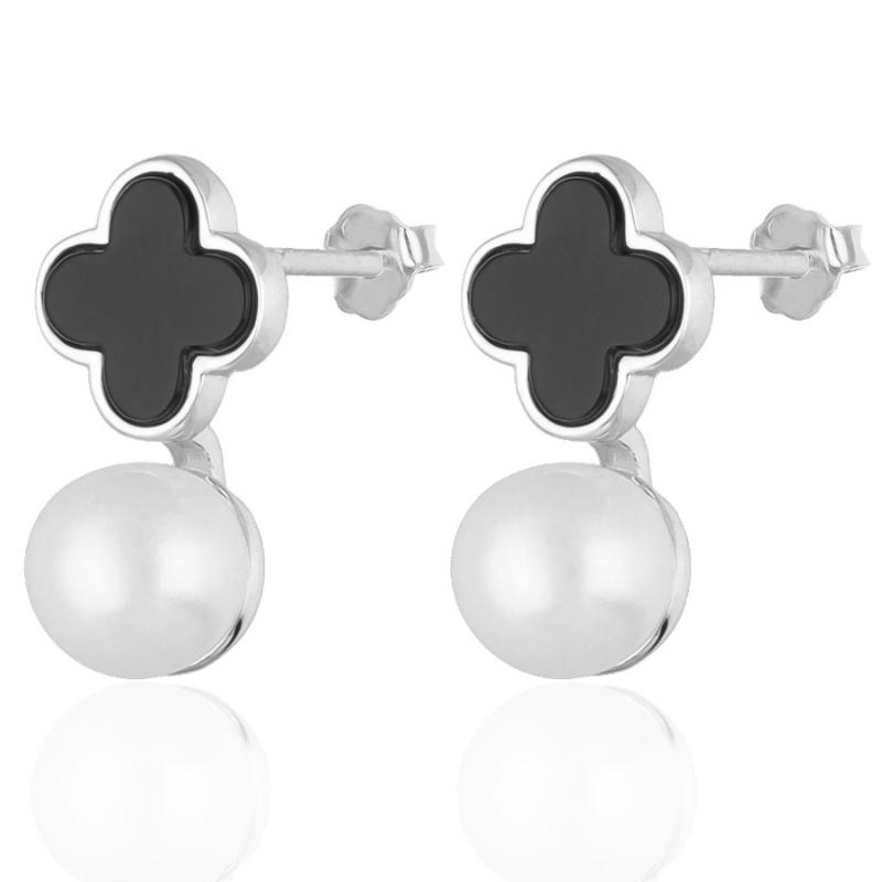 Stříbrné náušnice - čtyřlístek, syntetický kámen černý onyx | Argento.cz