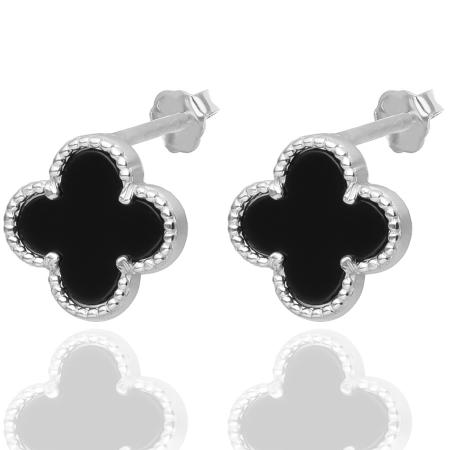 Stříbrné náušnice - čtyřlístek, syntetický kámen černý onyx | Argento.cz