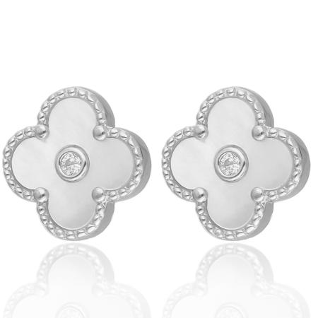 Stříbrné náušnice - čtyřlístek, perleť, čirý kulatý zirkon | Argento.cz