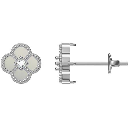 Stříbrné náušnice - čtyřlístek, perleť, čirý kulatý zirkon | Argento.cz