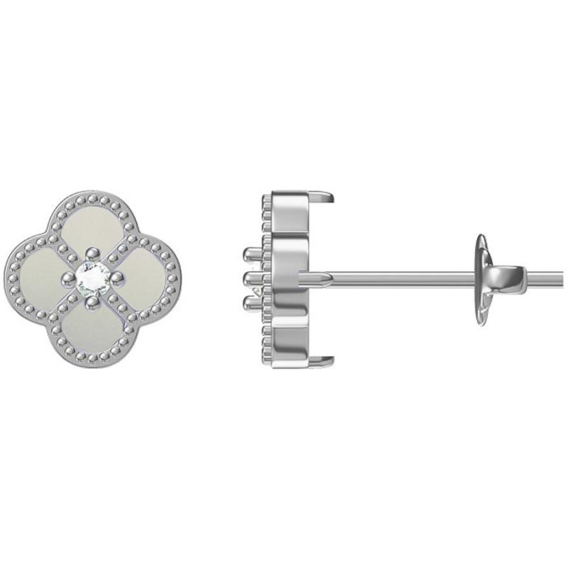 Stříbrné náušnice - čtyřlístek, perleť, čirý kulatý zirkon | Argento.cz