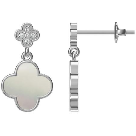 Stříbrné náušnice - čtyřlístek, perleť, čiré kulaté zirkony | Argento.cz