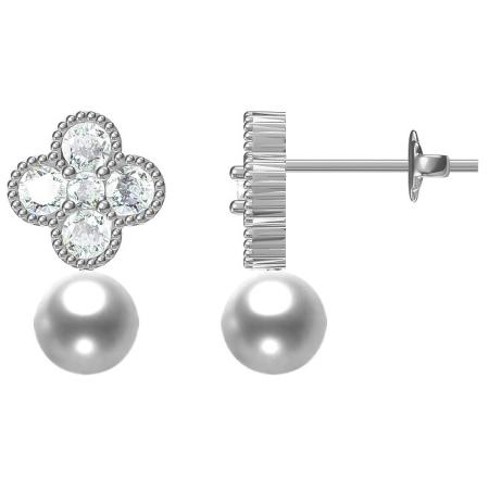 Stříbrné náušnice - čtyřlístek, bílá syntetická perla ve tvaru kuličky, čiré kulaté zirkony | Argento.cz