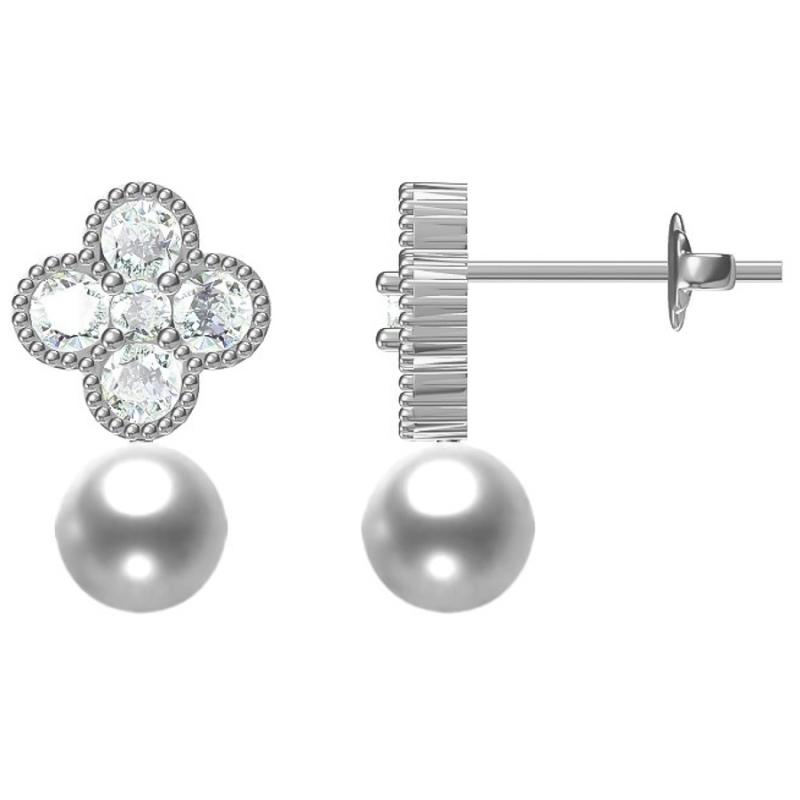 Stříbrné náušnice - čtyřlístek, bílá syntetická perla ve tvaru kuličky, čiré kulaté zirkony | Argento.cz