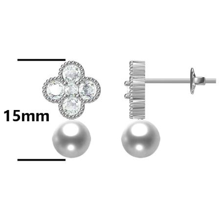 Stříbrné náušnice - čtyřlístek, bílá syntetická perla ve tvaru kuličky, čiré kulaté zirkony | Argento.cz