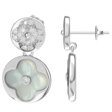 Stříbrné náušnice - čtyřlístek, perleť, čiré kulaté zirkony | Argento.cz