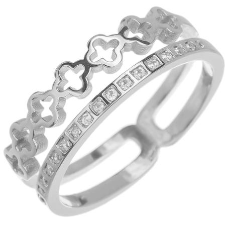 Stříbrný prsten - čtyřlístek, čiré zirkony ve tvaru čtverce | Argento.cz