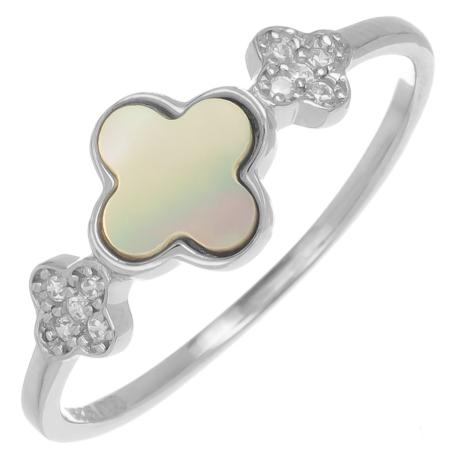 Stříbrný prsten - čtyřlístek, perleť, kulaté zirkony | Argento.cz