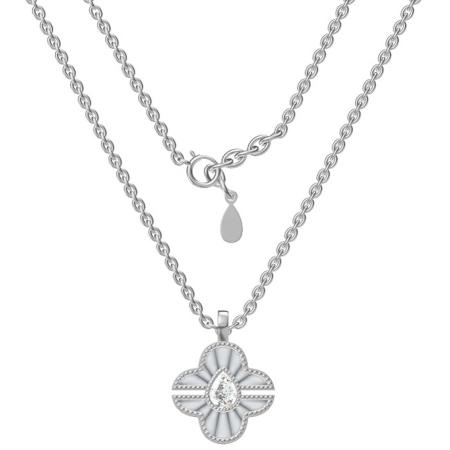 Stříbrný náhrdelník - čtyřlístek, perleť, čirý zirkon ve tvaru slzy, délka 43 až 46 cm | Argento.cz