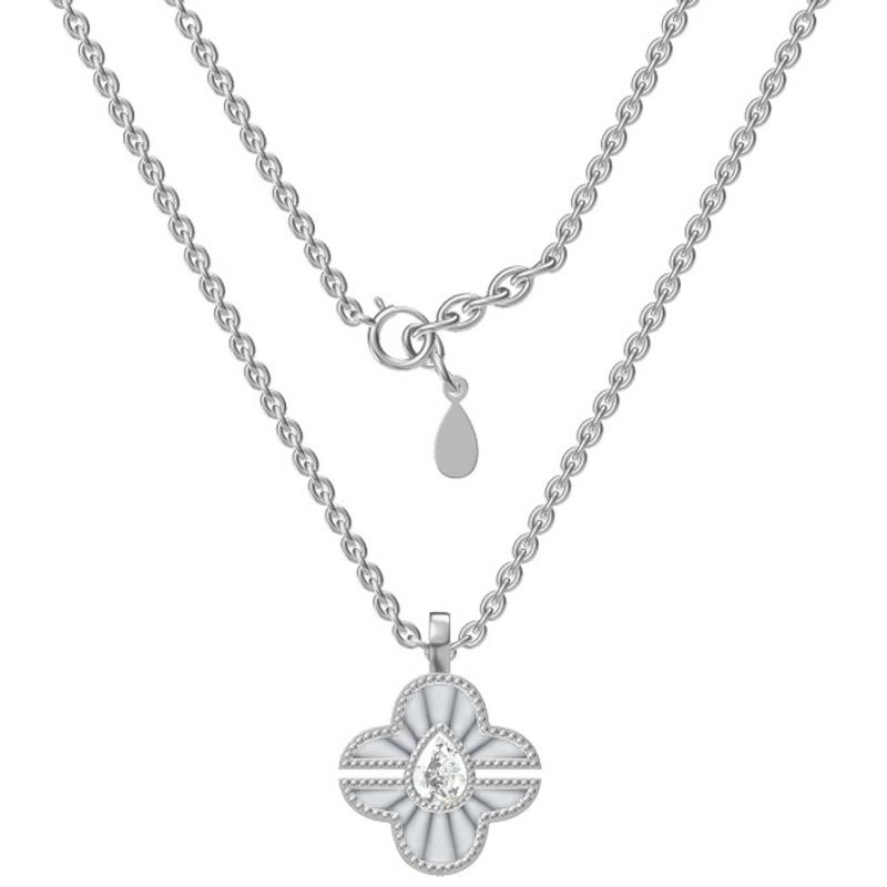 Stříbrný náhrdelník - čtyřlístek, perleť, čirý zirkon ve tvaru slzy, délka 43 až 46 cm | Argento.cz