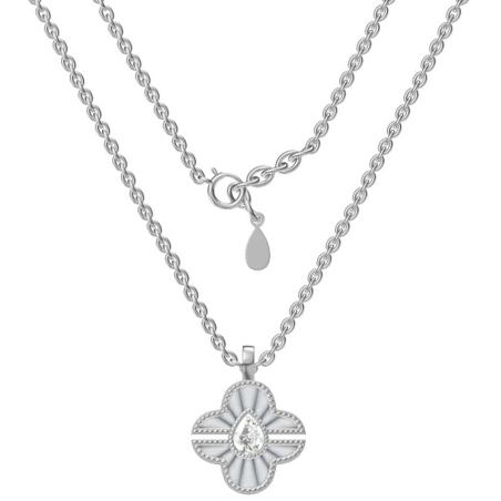 Stříbrný náhrdelník - čtyřlístek, perleť, čirý zirkon ve tvaru slzy, délka 43 až 46 cm | Argento.cz