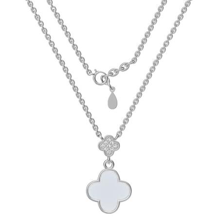 Stříbrný náhrdelník - čtyřlístek, perleť, čiré kulaté zirkony, délka 43 až 46 cm | Argento.cz